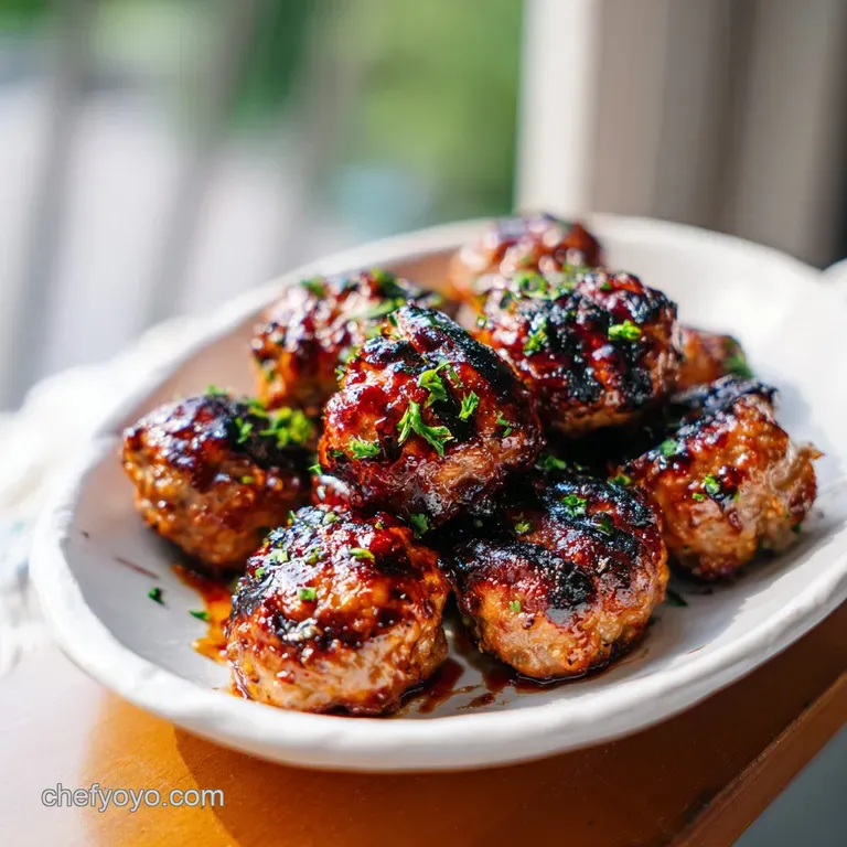 Three juicy chicken meatballs are stacked high on a stick, with a shiny, caramelized glaze. All on a white plate.
