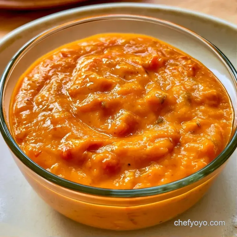 A small ceramic bowl of bright red pepper sauce beside charred tomato halves and fresh green cilantro sprigs.