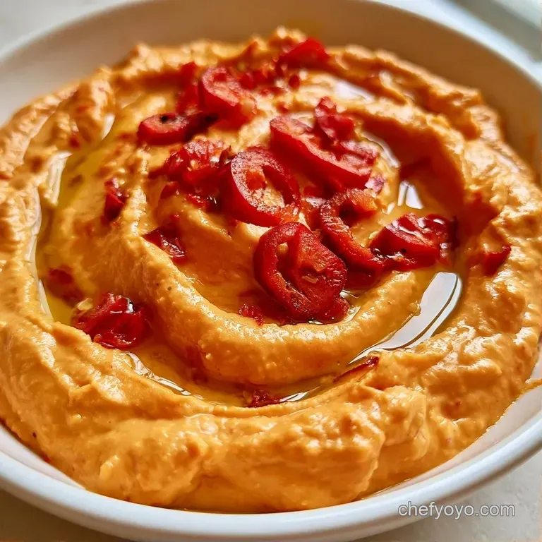 Velvety orange dip surrounded by toasted pita triangles and colorful crisp garden vegetables on a marble platter.