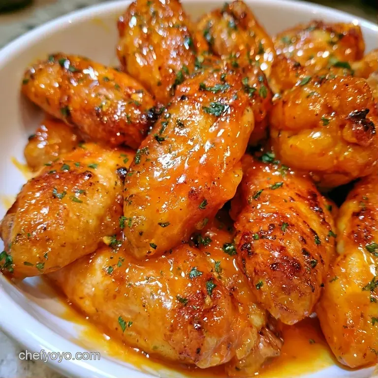 Glistening orange-glazed wings arranged on a white platter with fresh mango cubes and a sprinkle of green herbs.