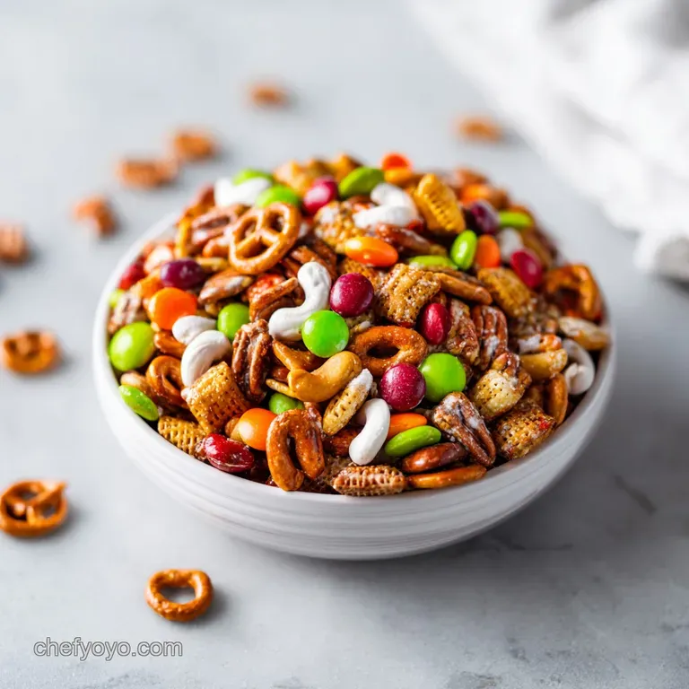 A festive bowl overflowing with crunchy, colorful Halloween-themed snack mix.