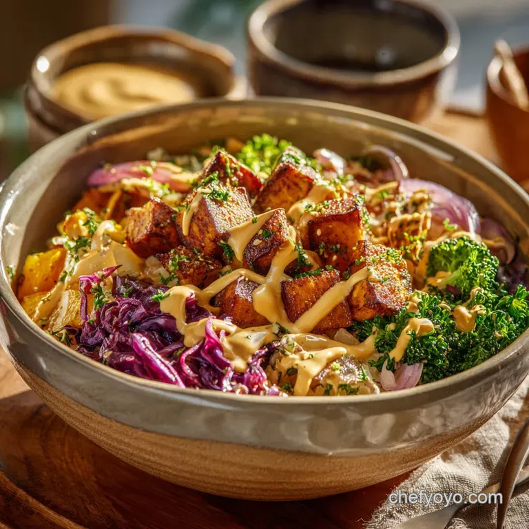 Buddha Bowl: the Ultimate Harvest Bowl with Spicy Maple-Tahini Drizzle presentation