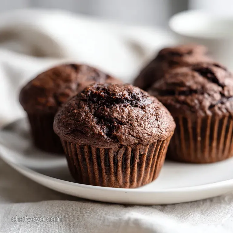 A single rich chocolate muffin on a white ceramic plate, topped with a dollop of cream and a fresh raspberry.