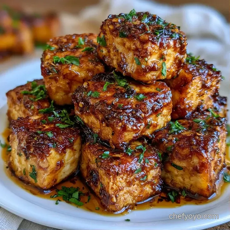Carefully arranged golden tofu cubes on a dark slate board, paired with a small bowl of dipping sauce and scallions.