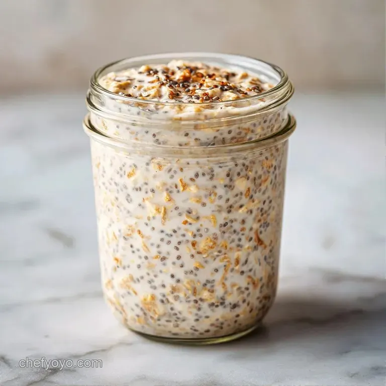 A neat row of clear glass jars showing layered creamy grains topped with bright red berries and toasted nuts.