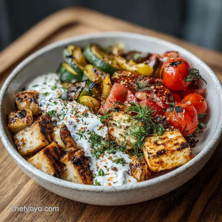 Perfectly plated bowl with vibrant roasted vegetables and grilled chicken, topped with feta cheese and herbs for a gourmet...