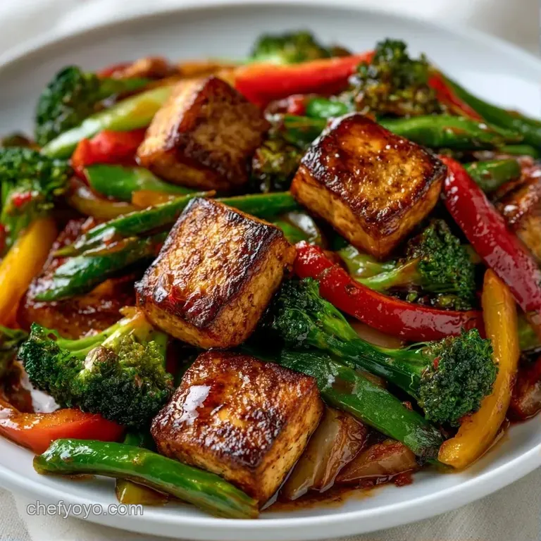 Neatly plated golden tofu and crisp garden vegetables in a white bowl, topped with sliced scallions and sesame seeds.