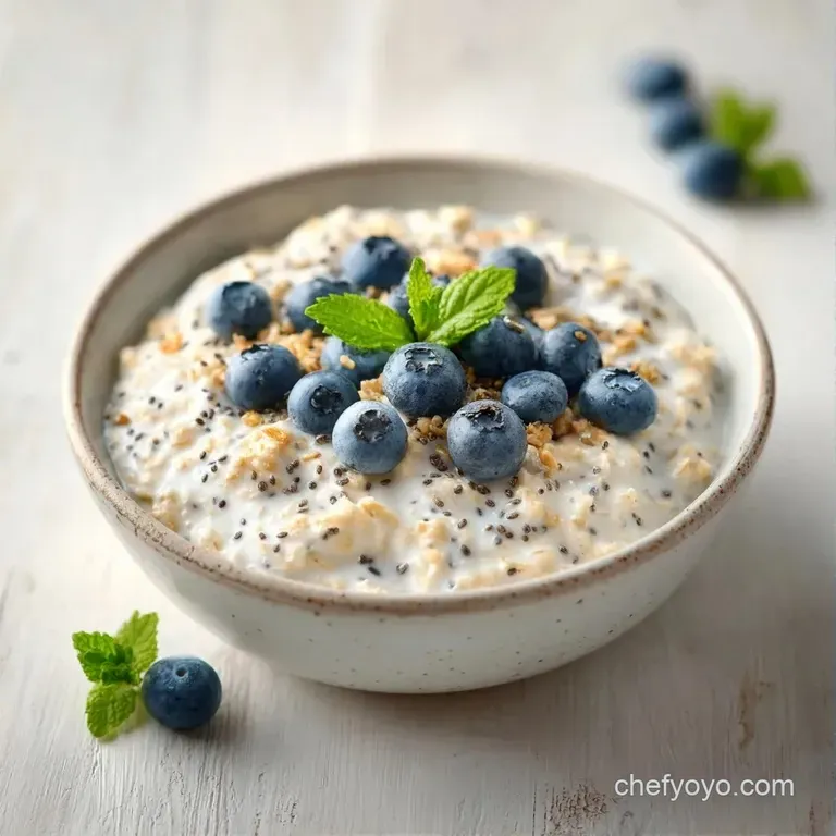 A white ceramic bowl filled with thick oats, swirled with white yogurt and topped with sliced strawberries