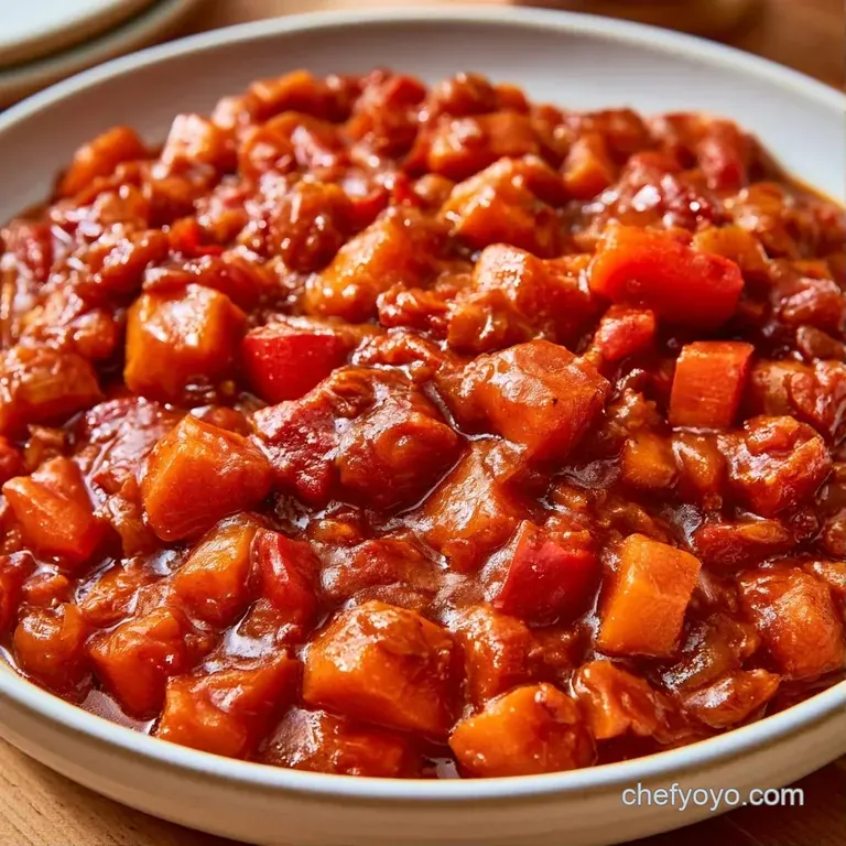 A deep ceramic bowl of rich red stew garnished with sliced avocado, fresh cilantro, and a sprinkle of white cheese.