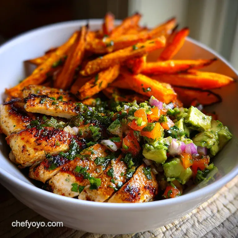 Perfectly plated: juicy grilled chicken and bright sweet potato fries arranged artfully with fresh herbs on white dish.