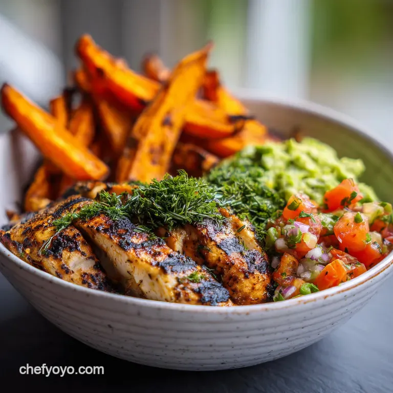 Grilled Herb Chicken Bowl with Sweet Potato Fries and Avocado Salsa
