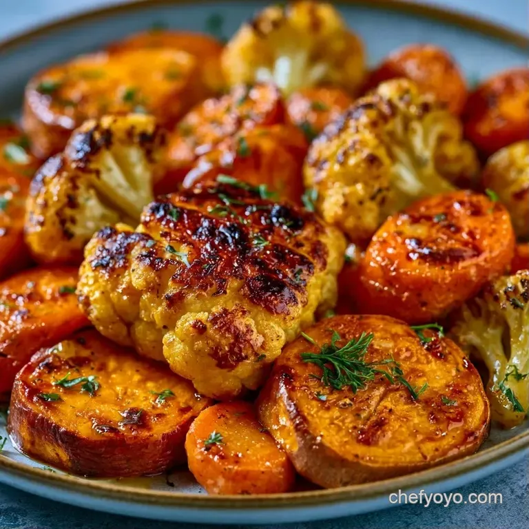 Vibrant roasted vegetables and gold grains arranged neatly in a ceramic bowl with a drizzle of creamy lemon tahini.