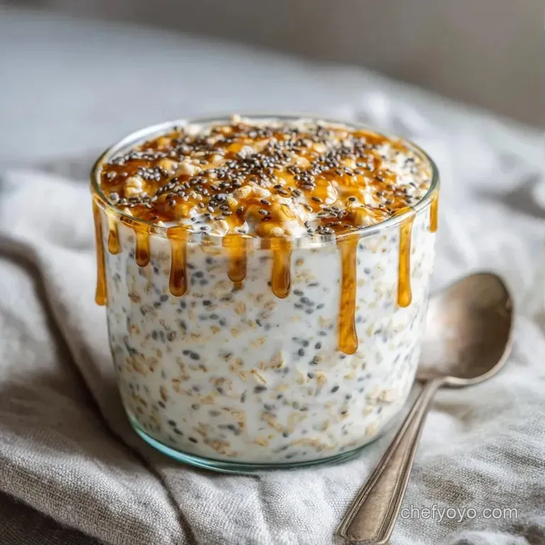 A glass jar showing layers of thick white yogurt and soaked grains topped with vibrant raspberries and sliced almonds.