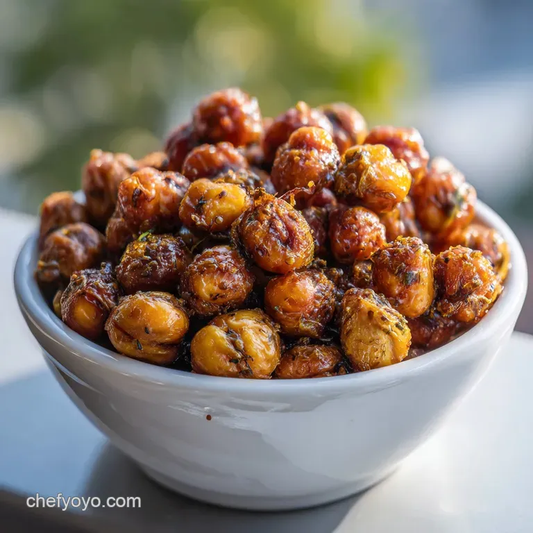 Overhead shot of golden-brown roasted chickpeas seasoned with spices, scattered across a light-colored baking sheet. Matte...