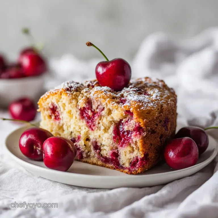 A delicate slice of cherry chip cake on a white plate, adorned with whipped cream and a fresh cherry garnish.