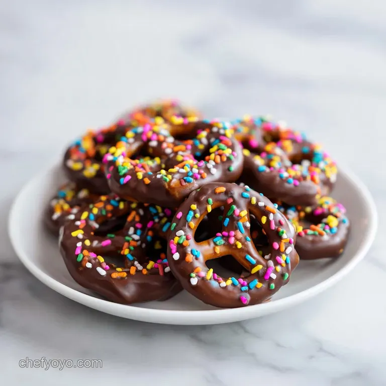 A neat arrangement of chocolate-dipped pretzel rods on a white ceramic plate, glistening invitingly.