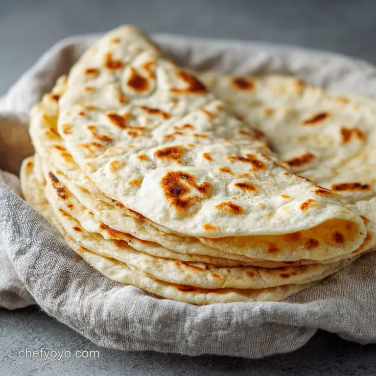 A stack of warm flour tortillas artfully arranged, one slightly folded, revealing soft interior.