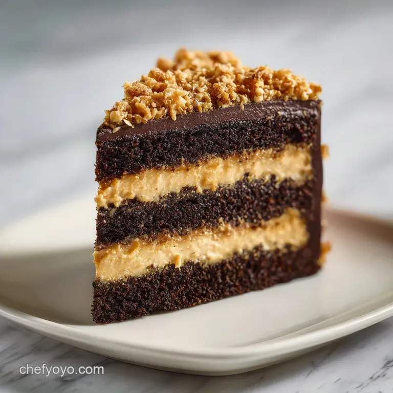 A slice of moist chocolate cake on a white plate, topped with gooey caramel-colored coconut and pecan frosting.