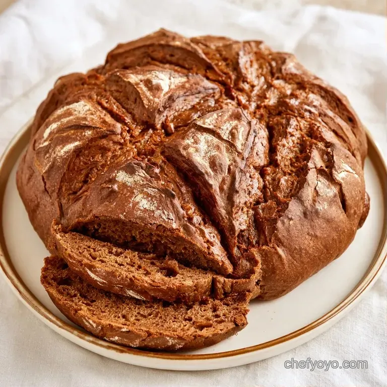 Thick slices of deep chocolate-brown bread stacked neatly on a matte gray plate with soft, ambient lighting.