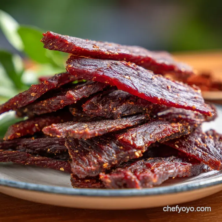 Tender, smoky beef jerky slices fanned out elegantly on a slate platter with a scattering of peppercorns.