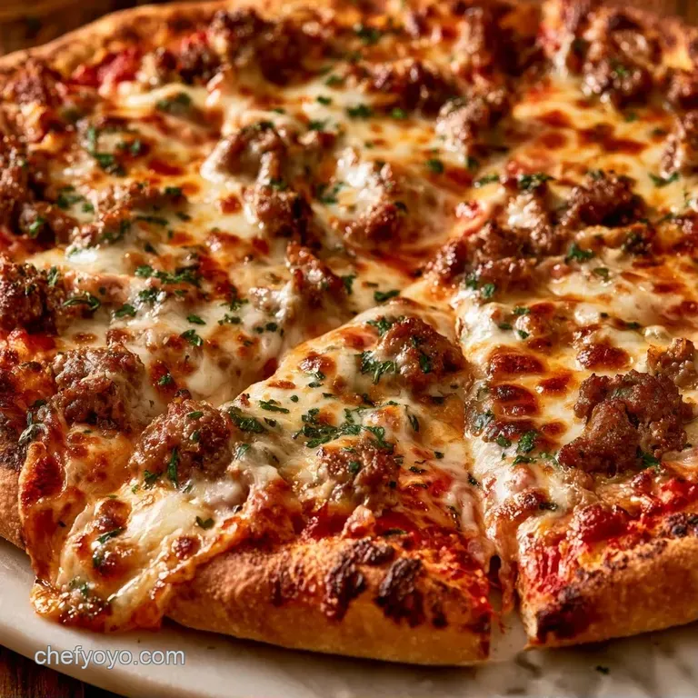 A slice of savory meat pizza on a dark slate board with a side of fresh arugula and a drizzle of balsamic glaze.