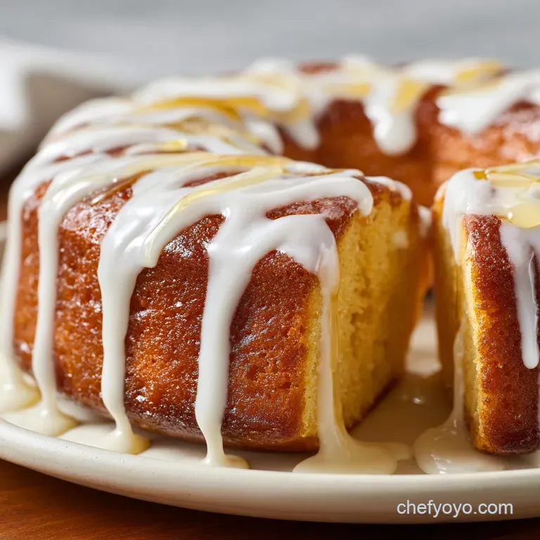 Square slice of honey bun cake artfully plated. Dusted with powdered sugar and a side of fresh, creamy whipped topping.