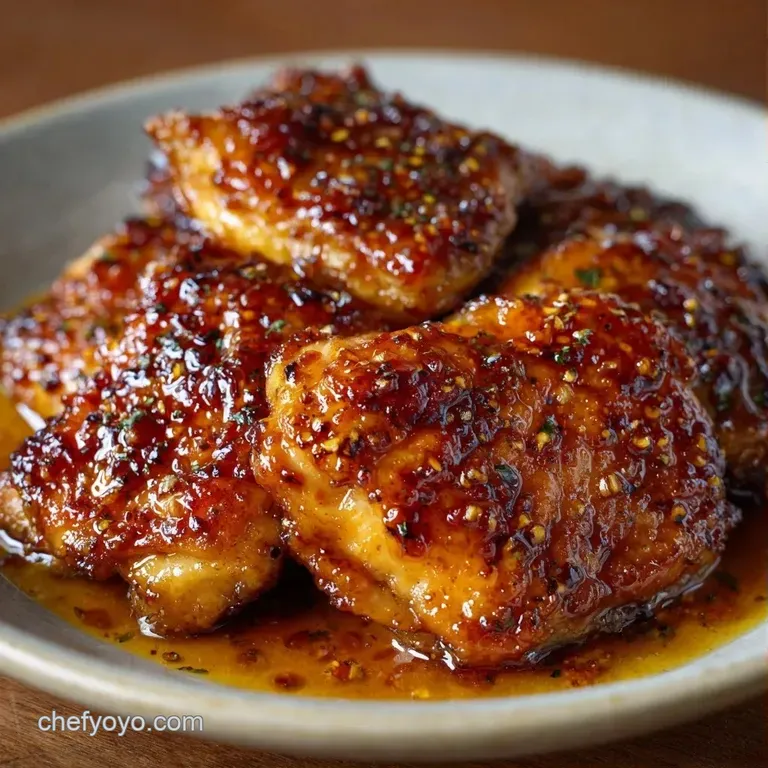 Seared chicken thighs coated in a glossy amber sauce on a white ceramic plate with steamed broccoli and rice.