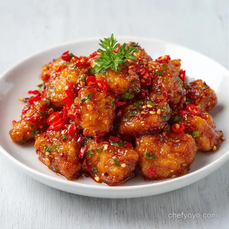 Glazed golden chicken and bright red pepper strips arranged neatly on a matte plate, topped with fresh green onions.