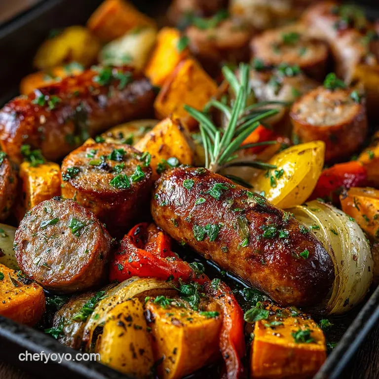 Sticky Sweet Savoury OnePan Honey Garlic Sausage and Sweet Potato Bake presentation