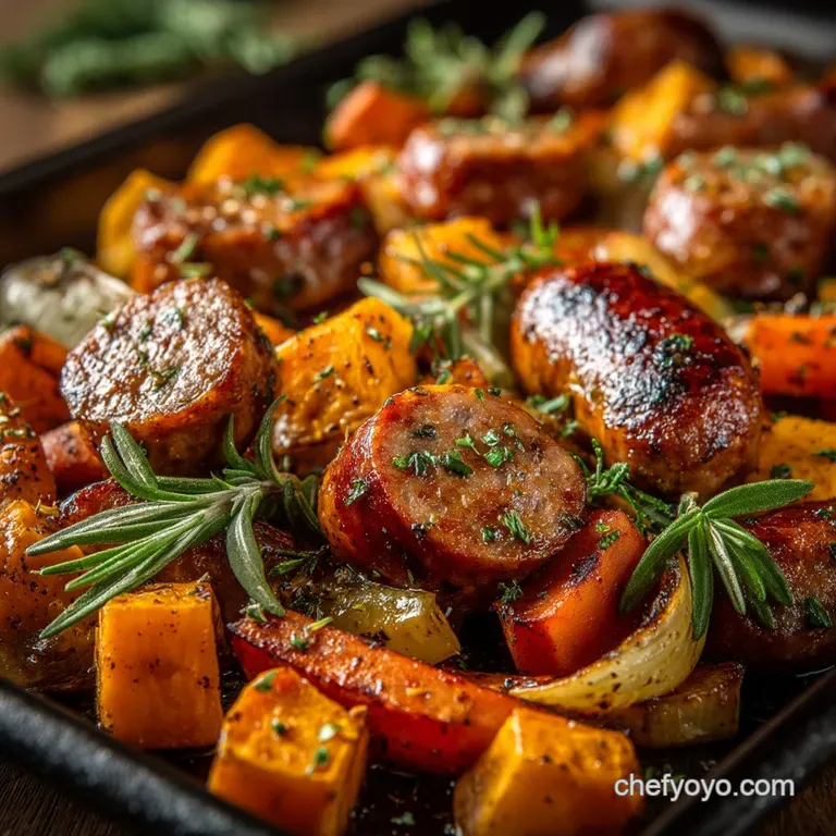 Sticky Sweet Savoury OnePan Honey Garlic Sausage and Sweet Potato Bake
