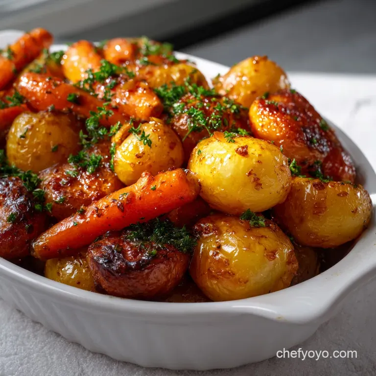 Artfully arranged roasted vegetables on a white plate, vibrant colors pop against the clean background, creating an elegan...