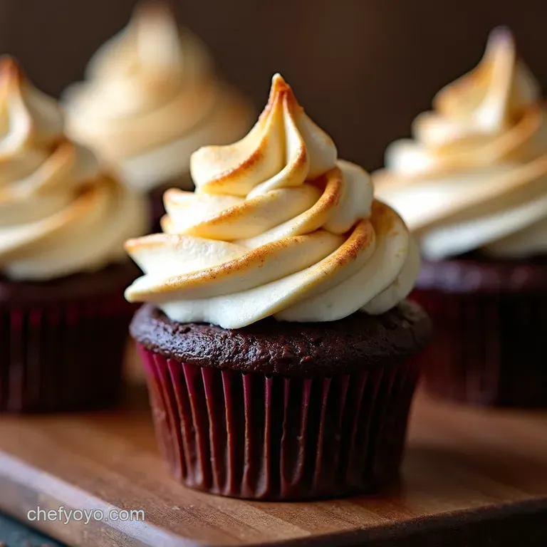 Deep Dark Chocolate Hot Cocoa Cupcakes with Toasted Marshmallow Fluff Frosting presentation