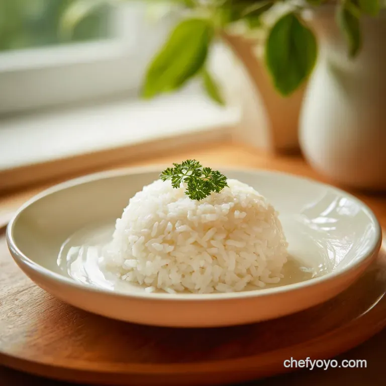 A neat mound of tender white rice on a dark plate, glistening subtly under soft studio lighting.