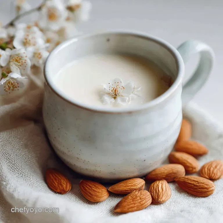 Elegant glass of almond milk, garnished with a single almond, and a sprig of mint on a wooden serving board; a minimalist ...