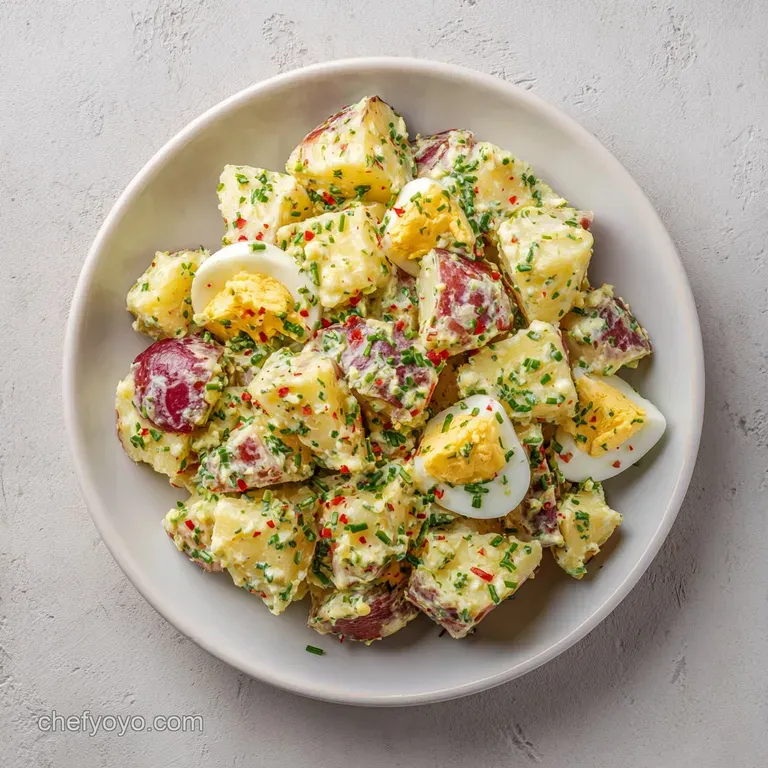 A white platter of creamy potato cubes topped with chopped parsley and paprika, set against a linen background.