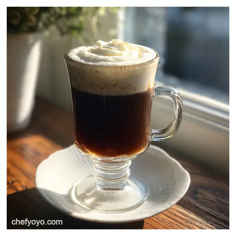 Elegant Irish coffee. Thick layer of soft, white cream sits serenely over dark amber whiskey, steaming gently in a stemmed...