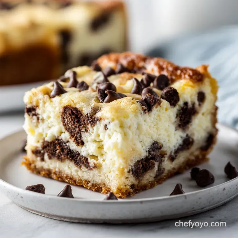 Slice of creamy cheesecake bar topped with chocolate drizzle and served on a white plate with a fork.
