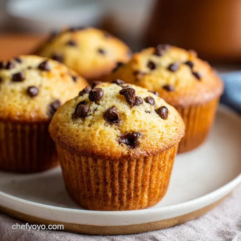 Fluffy chocolate chip muffin split open reveals moist, tender crumb and melted chocolate chips, served on a rustic plate.