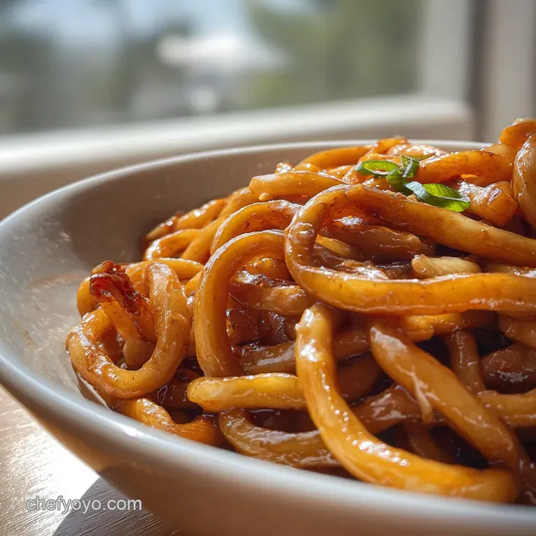 A vibrant plate of thick udon noodles tossed with tender shrimp, crisp veggies, and a rich, brown sauce, garnished with br...