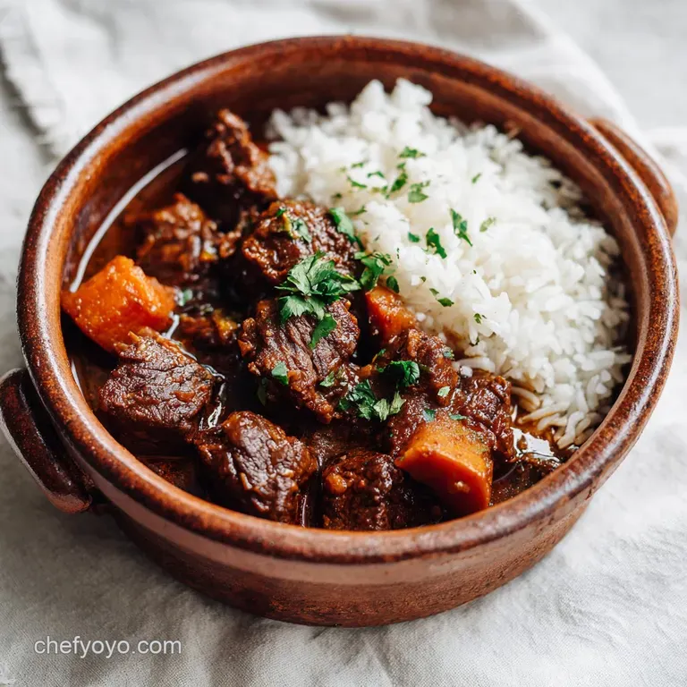 A vibrant plate of Jamaican beef stew with rice, garnished with fresh herbs. The rich, dark stew contrasts beautifully wit...