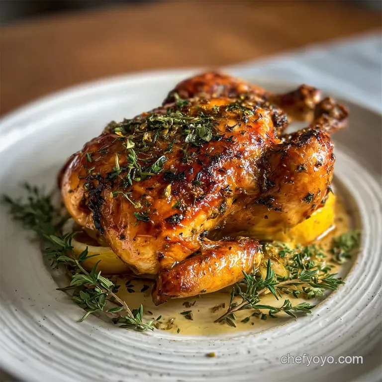 Perfectly roasted chicken quarter with herbs, artfully plated beside colorful carrots and potatoes. A restaurant-worthy pr...