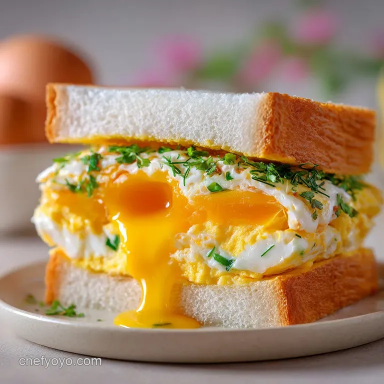Elegant egg sandwich halves arranged on a white plate, the rich yellow filling contrasting with the pristine bread crusts.