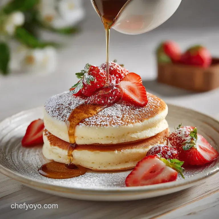 Two pillowy souffle pancakes drizzled with amber maple syrup and topped with a pat of melting butter on a white plate.