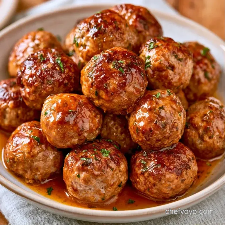 Plump, browned meatballs arranged on a white ceramic platter with a swirl of creamy sauce and a sprig of rosemary.