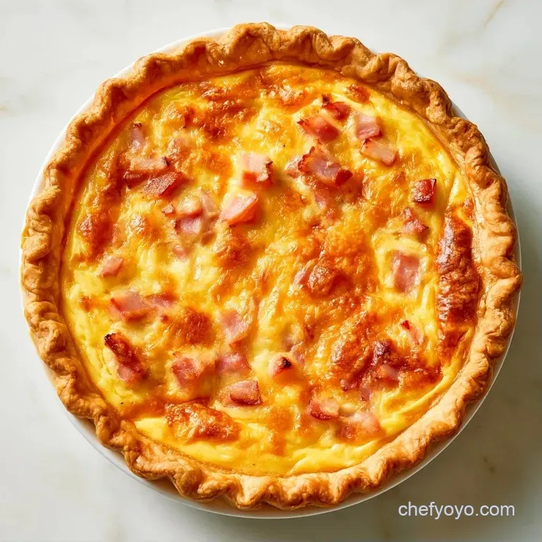 Elegant slice of golden-brown quiche on a ceramic plate with visible melted Gruyère and savory turkey bacon pieces.
