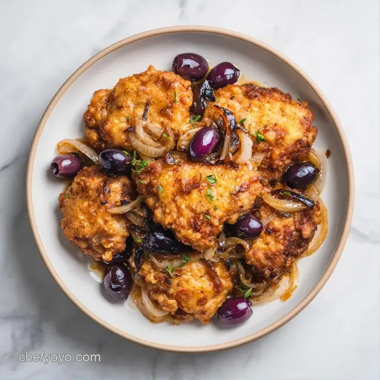 A seared chicken thigh on a white plate, surrounded by glossy purple olives and a drizzle of golden pan sauce.