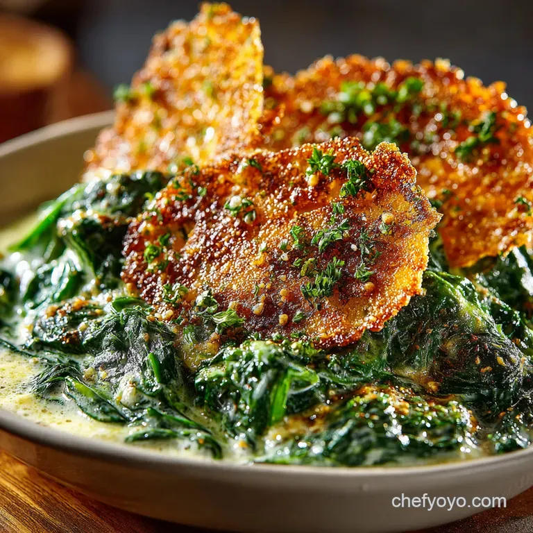Keto Creamed Spinach with Parmesan Crisp presentation