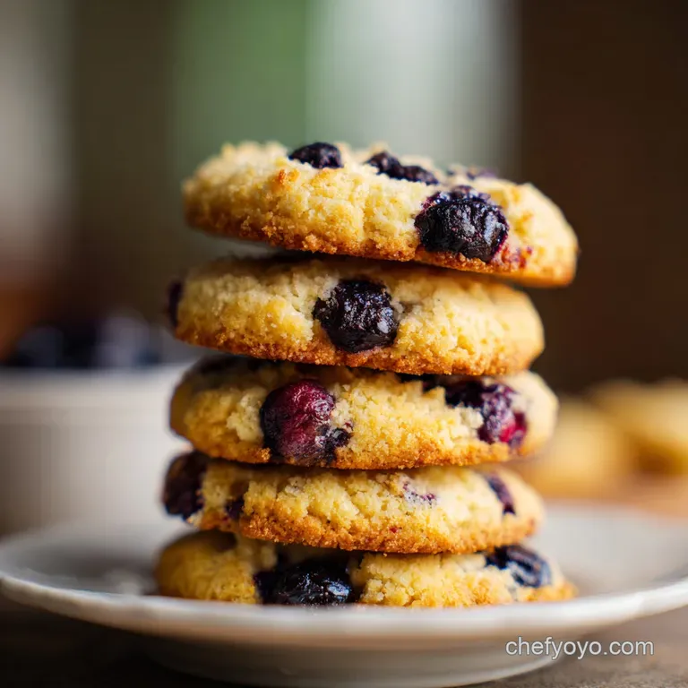 Three soft cookies stacked on a white plate, accented by fresh blueberries and a bright, zesty lemon slice.