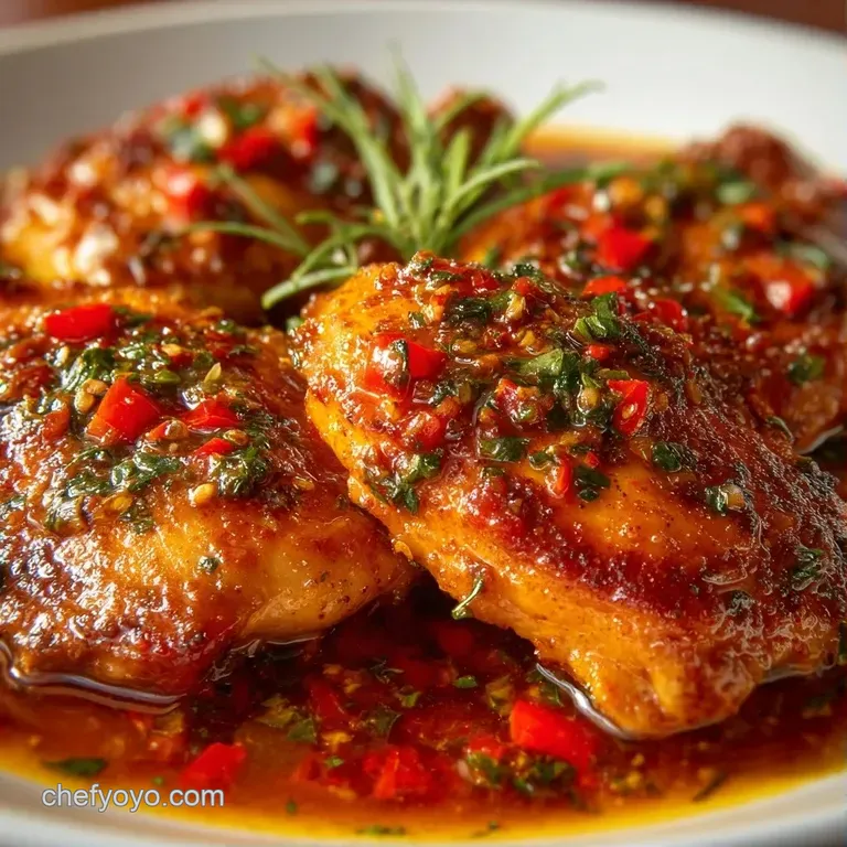 Neatly plated chicken breasts with glossy red peppers and a lemon slice on a crisp white plate with fresh herbs.