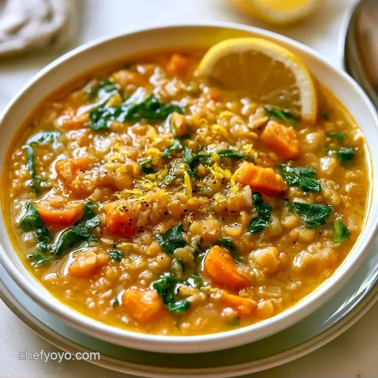 Elegant white bowl of earthy brown soup topped with fresh parsley and a lemon wedge on a textured linen napkin.